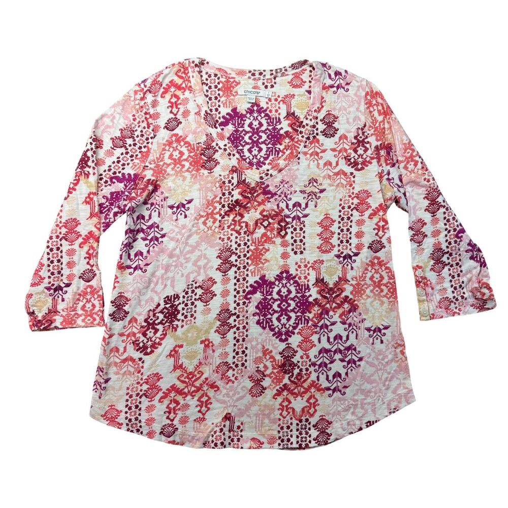Chico's Top Women's 1 Medium White Pink 3/4 Sleeve V-Neck Floral Paisley Shirt
